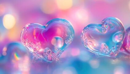 Poster - Glass Hearts Reflecting Light: Abstract Art Photography of Colorful, Iridescent, and Sparkling Bubbles in Heart Shapes, Romantic and Dreamy, Bokeh Background.