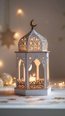Poster - A stunning Islamic lantern illuminates a serene space, showcasing delicate patterns and a crescent moon atop. The warm glow creates a peaceful atmosphere for Ramadan celebrations