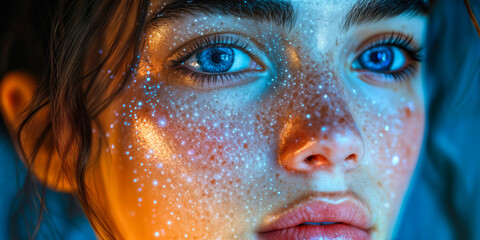 Poster - Close-Up Portrait of Woman with Digital Skincare Analysis Visualization for AI-Powered Beauty Solutions