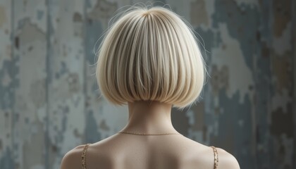 A stylish back view of a model with a chic bob haircut, showcasing smooth blonde hair against a softly blurred background, ideal for fashion and hairstyle inspirations.