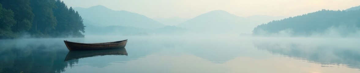 Naklejka na meble Misty fog rises from lake surface, wooden boat serene, wooden, boat, water
