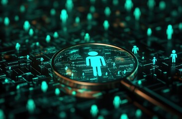 Poster - Digital Magnifying Glass Reveals Data Person Icon Network System Close-Up View: Analyzing Online User Profiles & Privacy Concerns