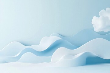 Fototapete - Soft blue wave shapes and fluffy cloud create a serene and minimalistic backdrop for creative designs. Generative AI