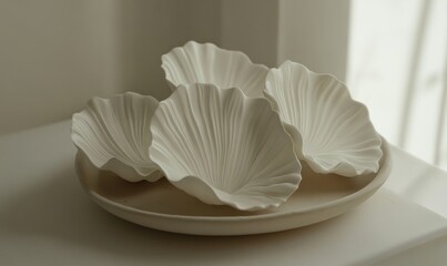 Wall Mural - Elegant white shell-shaped dishes arranged on a neutral plate in a softly lit interior