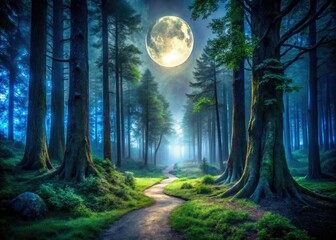 Wall Mural - A moonlit path winds through a dark, mystical forest, a captivating night scene captured in low light.