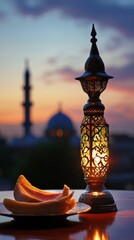 Poster - A beautifully crafted lantern casts a gentle glow beside a plate of sweet delicacies, evoking the essence of Ramadan. The backdrop features silhouetted minarets against a vibrant twilight sky