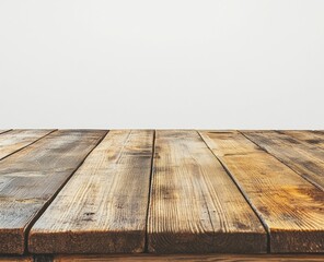 Wall Mural - Rustic wooden table, empty space, white background, product display