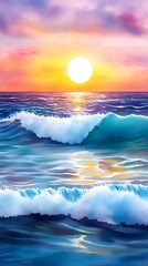 Wall Mural - Vibrant Ocean Sunset Waves Painting - Vibrant color palettes