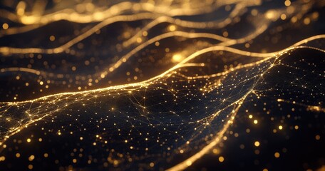 Poster - Golden data wave flowing, dark background, digital art, tech concept