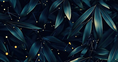 Poster - dark teal leaves, glowing network, digital art, nature backdrop, website design