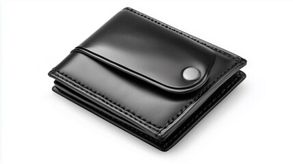 Wall Mural - Photorealistic image of a black leather coin wallet with a snap closure, isolated on a white background
