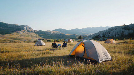 vibrant outdoor camping in the mountain landscape, inviting campers to enjoy a summer adventure amid