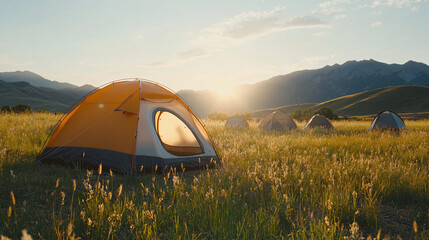vibrant outdoor camping in the mountain landscape, inviting campers to enjoy a summer adventure amid