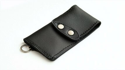 Wall Mural - Photorealistic image of a black leather key pouch with a snap closure, isolated on a white background
