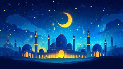 Poster - A stunning Islamic lantern radiates warmth in the night, blending harmoniously with an exquisite skyline of mosques illuminated by stars and a crescent moon, celebrating the spirit of Ramadan