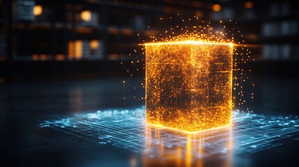 Poster - Futuristic augmented reality warehouse with a glowing cube and lights on top in a high fidelity setting