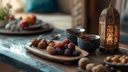 Aufkleber - Ramadan Kareem is joyfully celebrated with a beautifully arranged holiday table. Dates and assorted nuts bring flavors to life, complemented by warm tea and soft candlelight