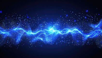 Poster - Glowing blue energy wave, dark space, particle background, digital art, website header