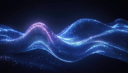 Poster - Glowing blue particle wave flowing, dark background, digital art, tech concept
