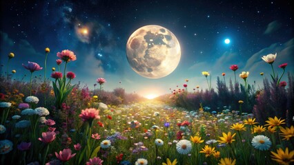 Wall Mural - Dreamlike night photography captures a surreal moonlit flower field in ethereal bloom.