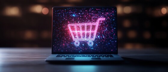 Poster - Laptop with a shopping cart on screen representing futuristic e-commerce concept with neon graphics