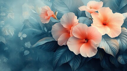 Wall Mural - Vibrant hibiscus flowers in soft blue background, showcasing nature's beauty in a serene garden setting