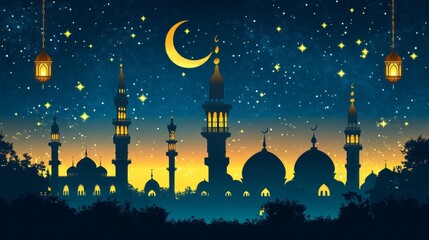 Poster - Under a starlit sky, traditional lanterns hang gracefully as the crescent moon glows softly. The silhouette of majestic minarets represents the spirit of Ramadan, celebrating unity and reflection