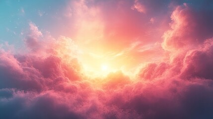 Wall Mural - Vibrant sunset illuminating fluffy clouds in a serene sky, creating a peaceful atmosphere