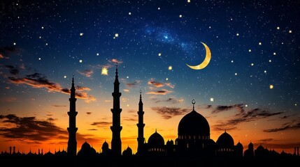 Poster - As night falls during Ramadan, vibrant lanterns illuminate the outdoor space, casting beautiful shadows against the backdrop of a starry sky and crescent moon, inviting calmness and reflection