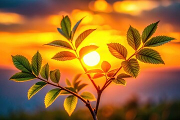 Wall Mural - Minimalist sunrise photo: delicate spring foliage silhouettes, backlit, highlighting dark leaves against light.