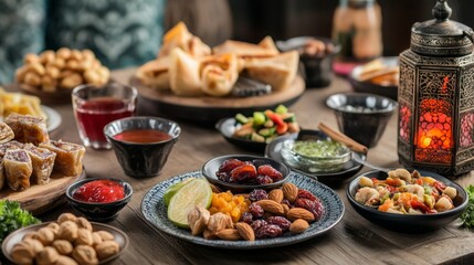 Aufkleber - A beautifully arranged holiday table showcases an assortment of delicious dates, nuts, and traditional sweets, embodying the spirit of Ramadan. Guests gather to enjoy the festive flavors