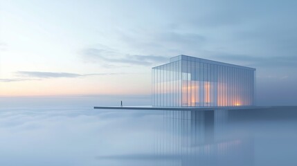 Poster - A single glass building standing in a foggy landscape.