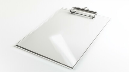 Wall Mural - Ultra-realistic image of a transparent acrylic clipboard with a metal clip, isolated on a white background
