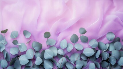 Wall Mural - Eucalyptus leaves beautifully arranged on a soft purple textile