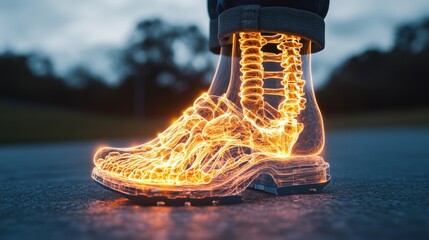 Poster - Person standing on road with fire in shoes and glowing 3d hologram of human feet with bone structure