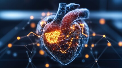 Poster - Glowing hologram of a human heart organ structure with lights on a dark background in high fidelity