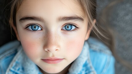 Wall Mural - A young girl with blue eyes and a blue jacket. She has a light blue shirt on