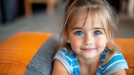 Wall Mural - A young girl with blue eyes and blonde hair is smiling at the camera. She is wearing a blue shirt with white stripes