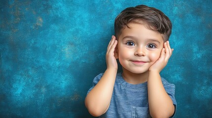 Wall Mural - A young boy is smiling and holding his hands to his ears. Concept of innocence and playfulness, as the child appears to be enjoying a moment of fun