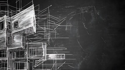 A black and white drawing of a building with a chalkboard background