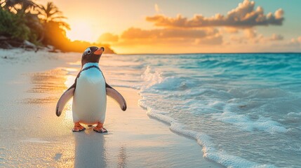 Happy penguin enjoy summer vacation timee on the beach. Cute humanic animal in uncommonsurreal landscape. Dreamy background concept