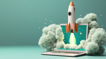 Poster - Laptop with a rocket on top and green rocket launching from the screen in high fidelity image