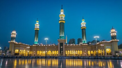 Poster - As the sun sets, a beautiful mosque glows with vibrant lights, welcoming worshippers for evening prayers. The atmosphere is filled with joy and devotion during the blessed month of Ramadan