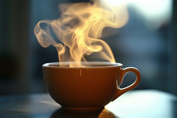 Wall Mural - Warm cup of coffee with steam rising in bright morning light