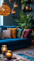 Poster - A beautifully styled living room features a deep blue sofa adorned with colorful cushions. The warm glow of lanterns and candles creates an inviting ambiance, surrounded by lush greenery