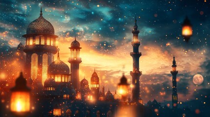 Poster - Golden lights softly illuminate a stunning city skyline as dusk falls. Splendid domes and minarets rise above, celebrating the joyous occasion of Ramadan with shimmering decorations