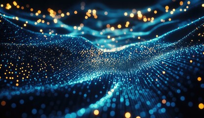 Poster - Blue digital wave, glowing particles, dark background, tech presentation
