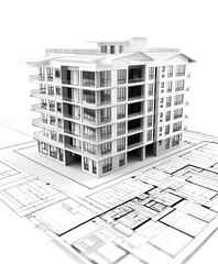 Poster - A 3D architectural model of a modern building set atop detailed blueprints, showcasing contemporary design and structure