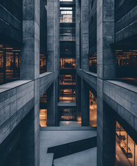Fototapete - a striking architectural view showcasing concrete structures intersecting with warm lighting, creati
