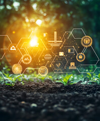 Poster - A futuristic landscape showcasing soil, plants, and digital icons representing technology and sustainability, illuminated by sunlight